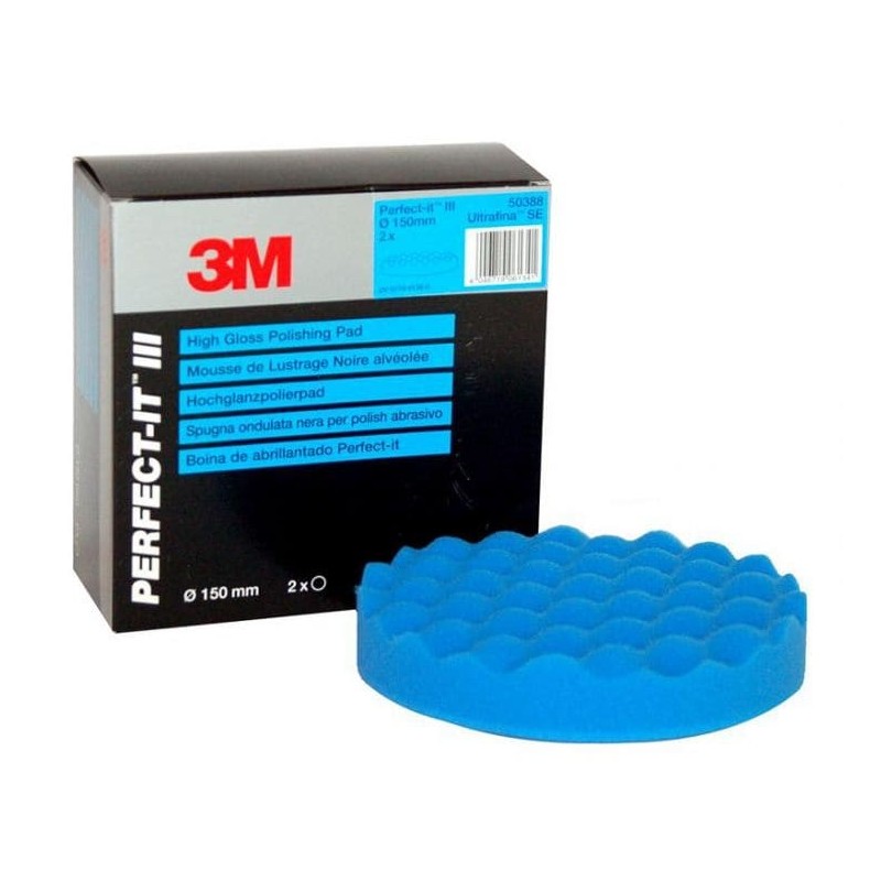 2 mousses de lustrage alvéolée  3M Ultrafina Bleu 150 mm. Utiliser avec le liquide de polissage bleu.